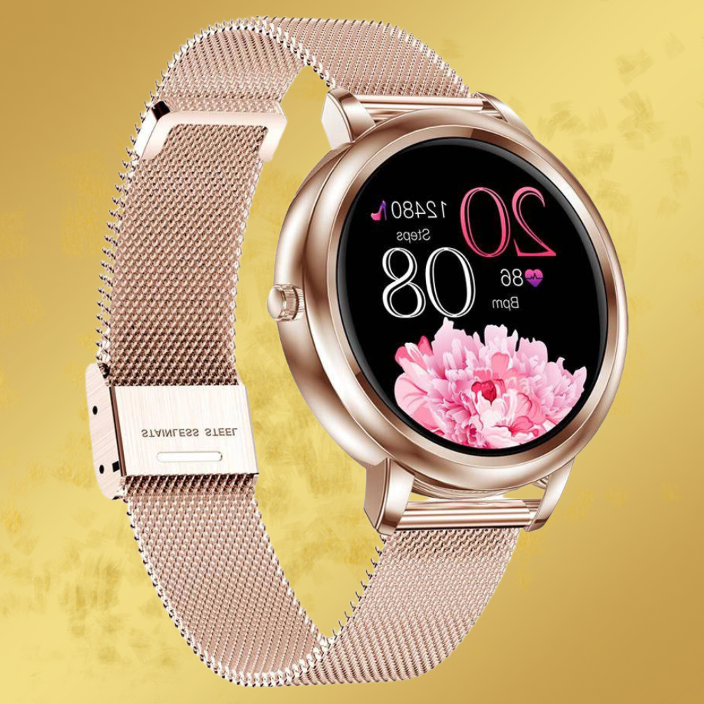Gouden dames smartwatch met modern design, perfect voor dagelijks gebruik en fitness.