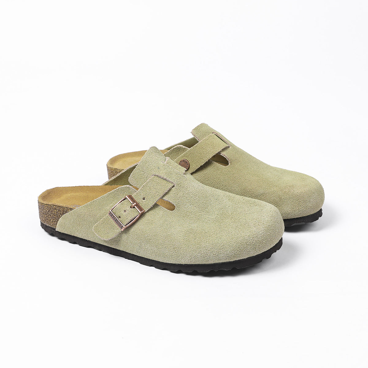 Zoccoli Birkenstock Boston Classic in pelle scamosciata, verde oliva chiaro