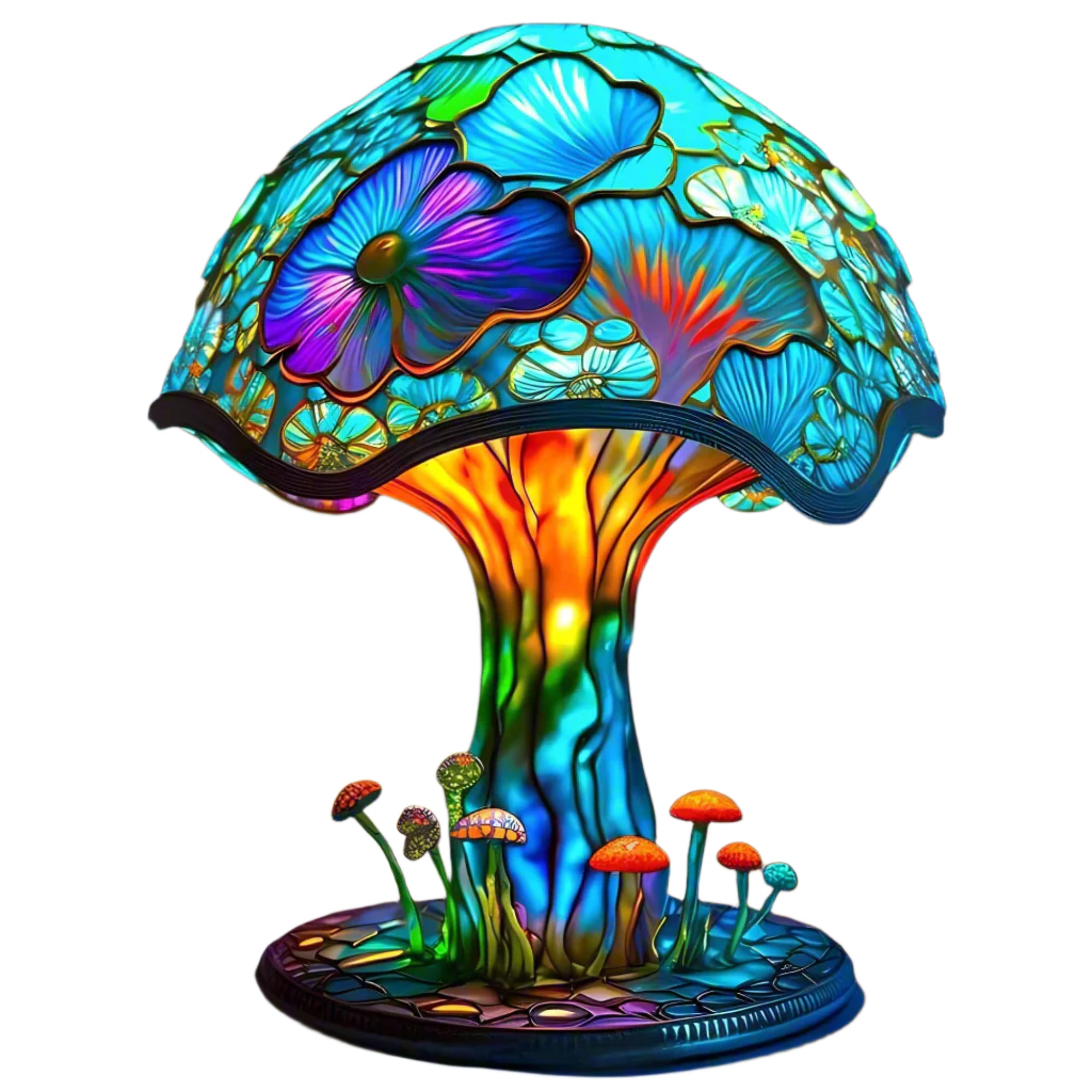 Handgemaakte tafellamp van bontglas met sfeervolle LED-verlichting.