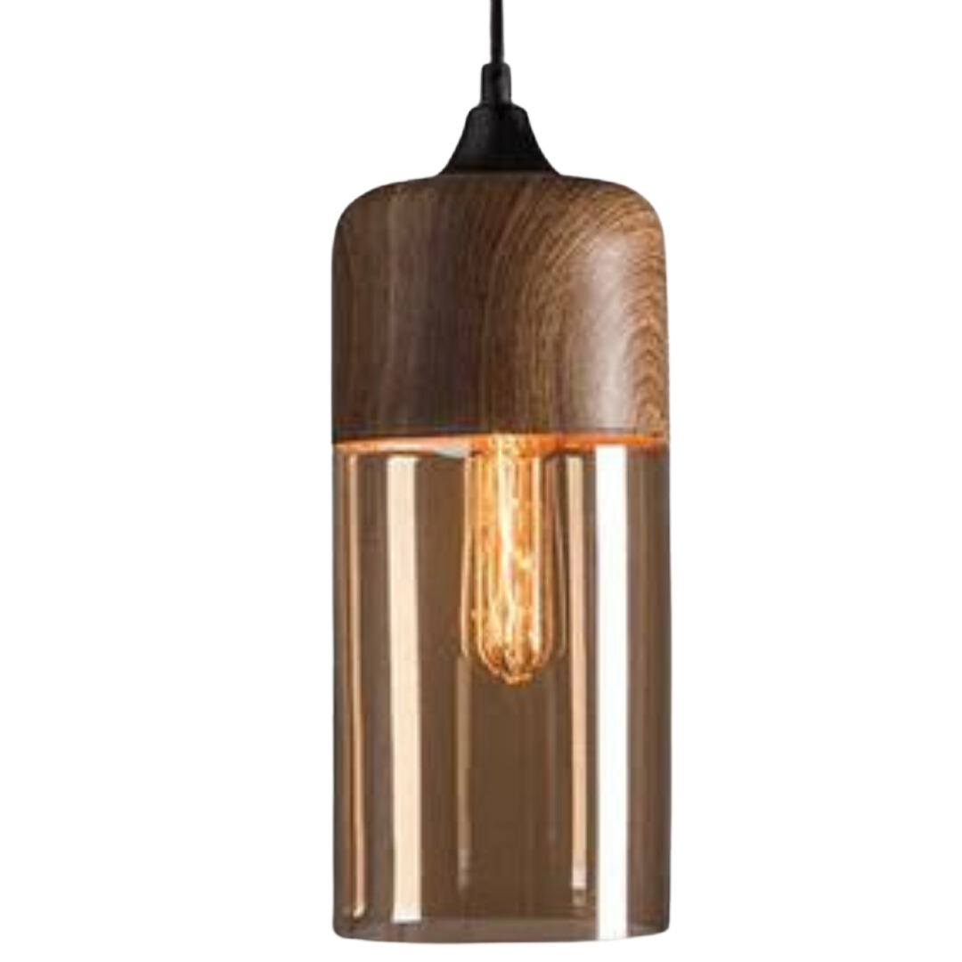 Nordluna – Scandinavische Houten Hanglamp met Getint Glas