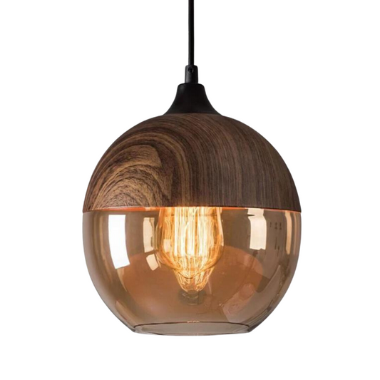 Nordluna – Scandinavische Houten Hanglamp met Getint Glas