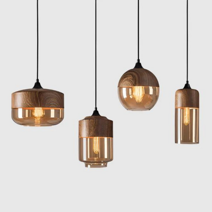 Nordluna – Scandinavische Houten Hanglamp met Getint Glas