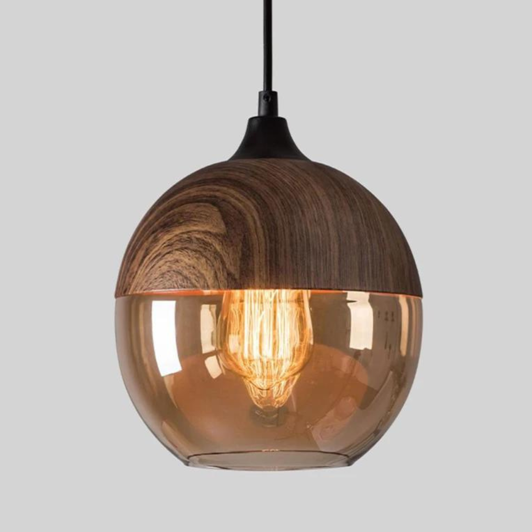 Nordluna – Scandinavische Houten Hanglamp met Getint Glas