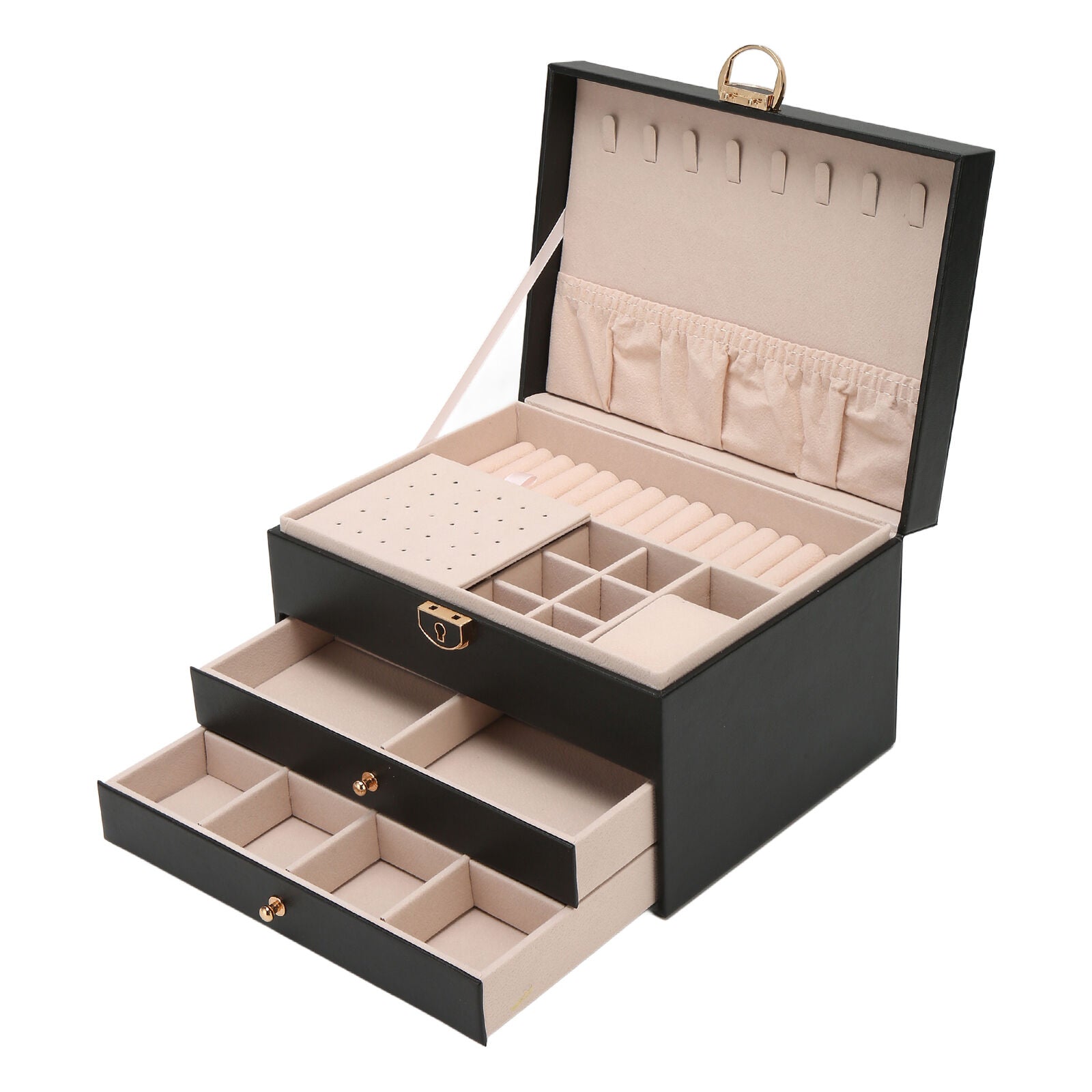 Afbeelding van de CELINE sieradendoos – een luxe sieraden organizer in beige met meerdere lagen en vakjes.