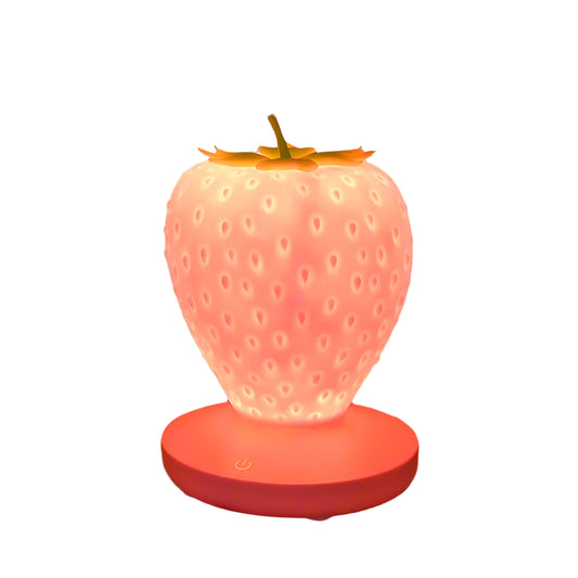 Speelse keramische LED tafellamp in aardbei design, draadloos en oplaadbaar – ideaal voor op bureau of nachtkastje.