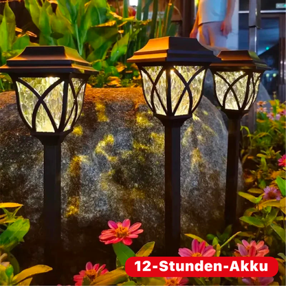 Sfeervolle solar buitenlamp verlicht een tuinpad bij schemering.