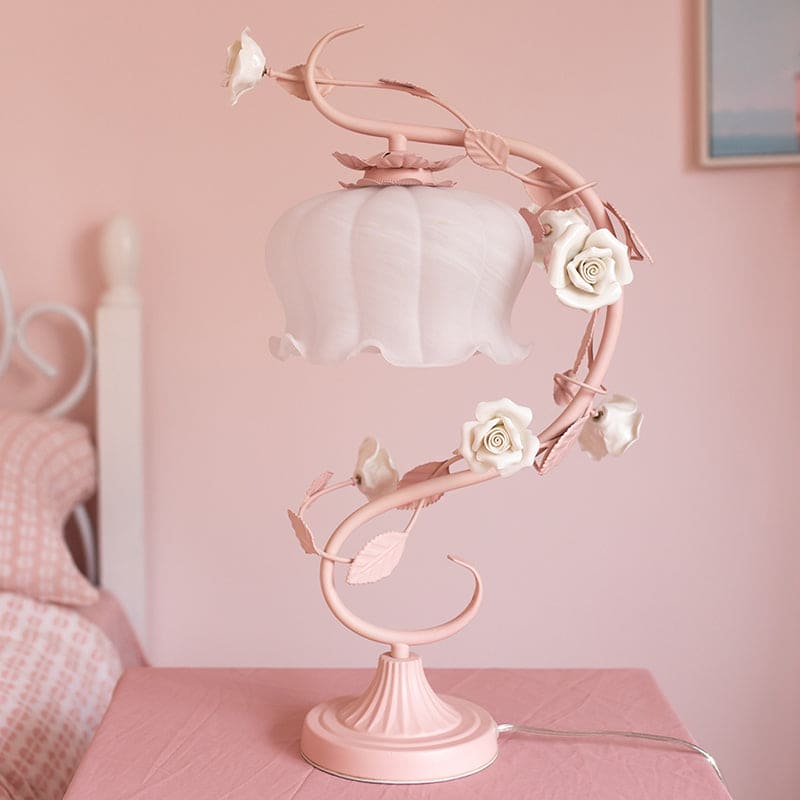 Floralux - Lampada da Tavolo in Stile Pastorale con Rosa in Ceramica