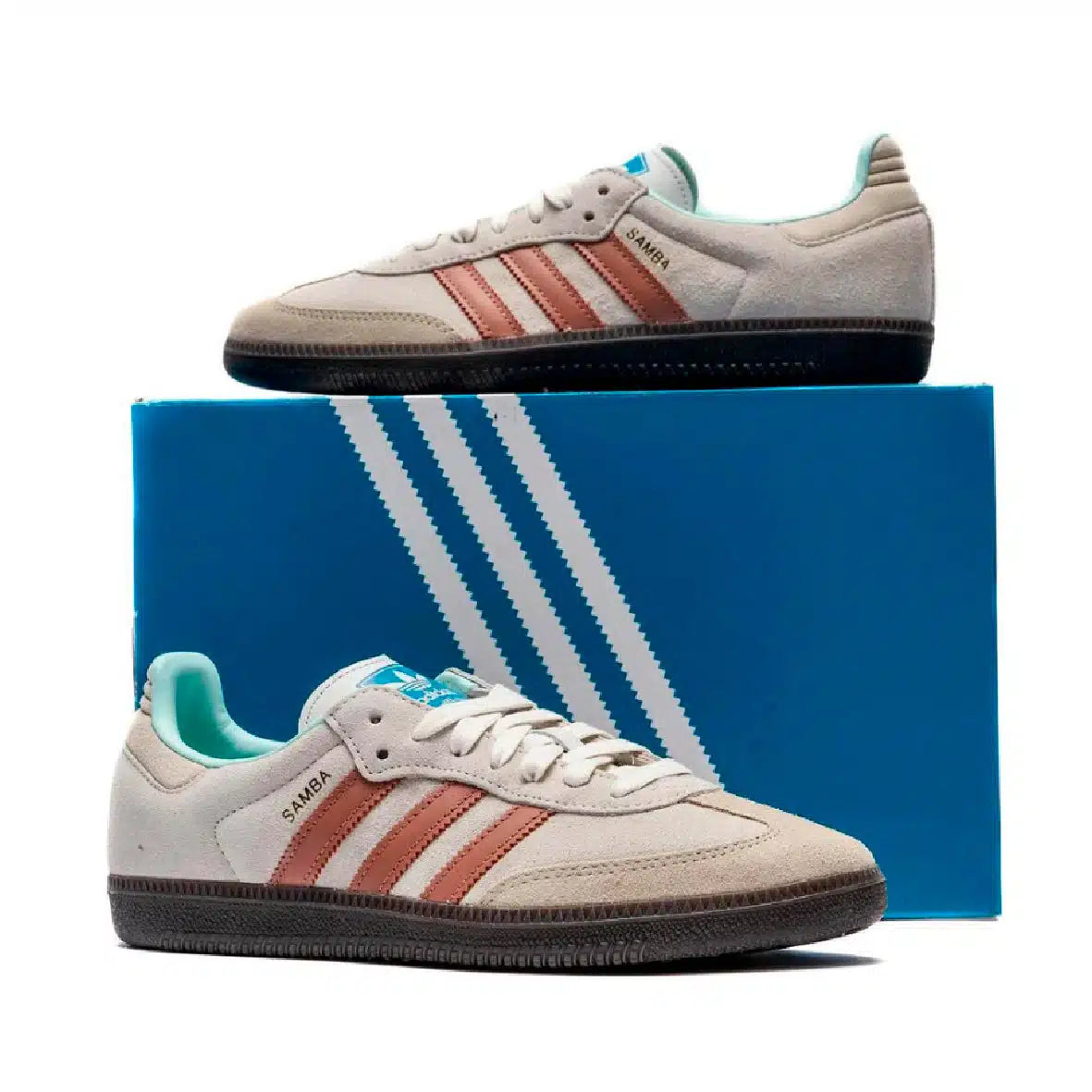 Adidas Samba Strata Clay harmaa mokkanahka ruskeilla ja sinisillä yksityiskohdilla