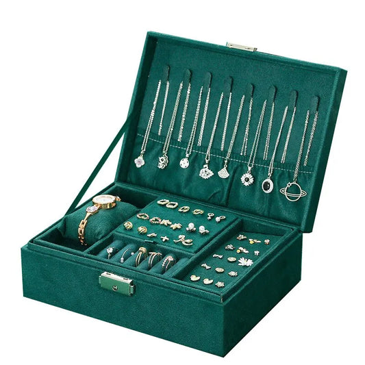 "Luxe fluwelen sieradendoos met meerdere vakjes voor ringen, kettingen en armbanden, perfect voor sieraden opbergen en organiseren."