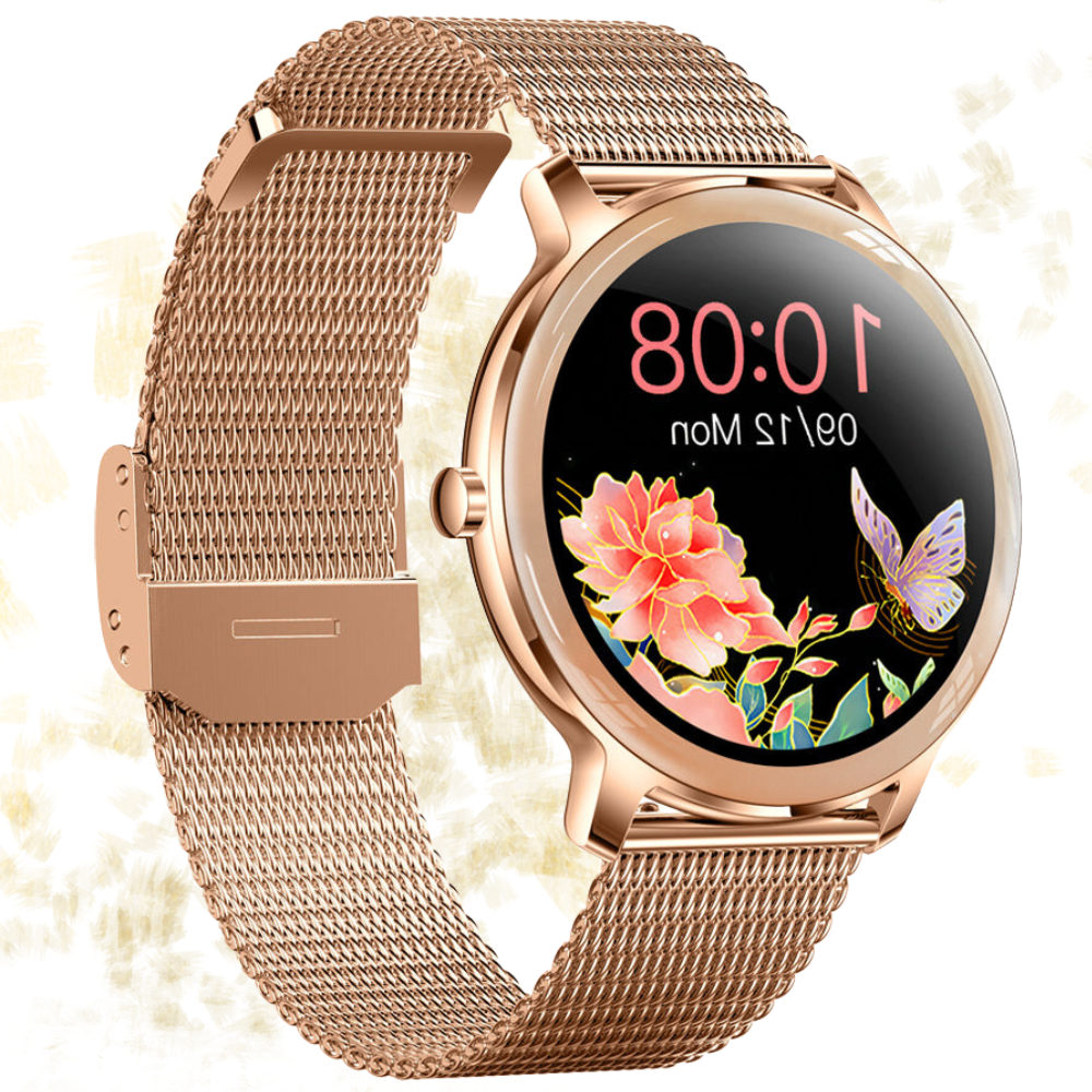 ZARIA dames smartwatch met roségouden band, touchscreen en gezondheidsmonitor.