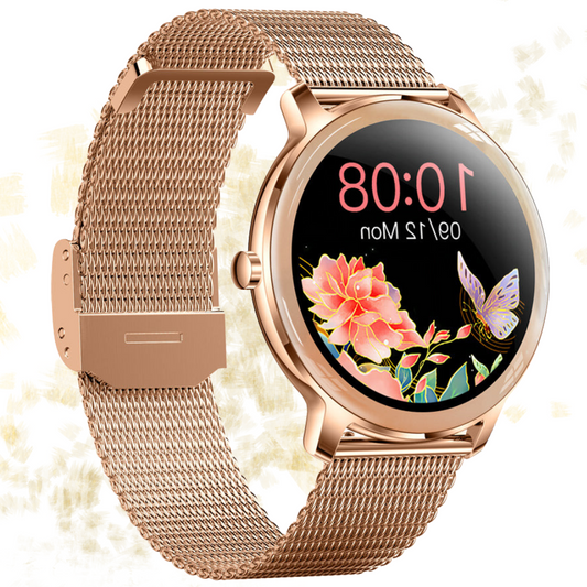 ZARIA dames smartwatch met roségouden band, touchscreen en gezondheidsmonitor.